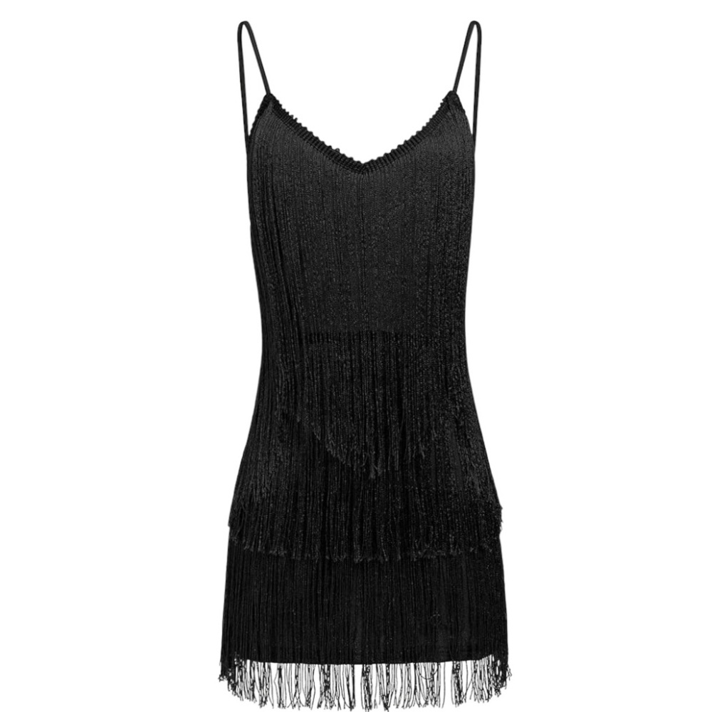 Black Fringe Slip Dress with Spaghetti Straps
